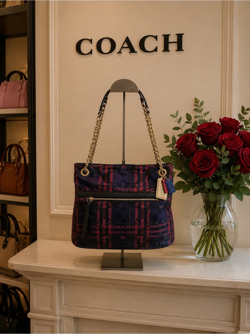 Coach Poppy Tartan Women's Purple Plaid Chain-Handle Shoulder Bag